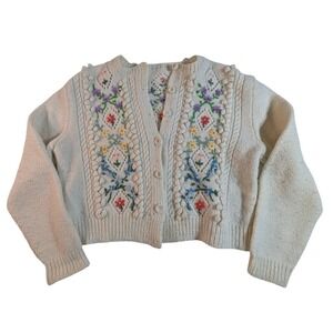 Vintage Hand Knit Floral Embroidered Cable Cardigan Cream